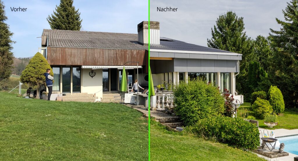 Links Haus unsaniert, rechts Haus saniert